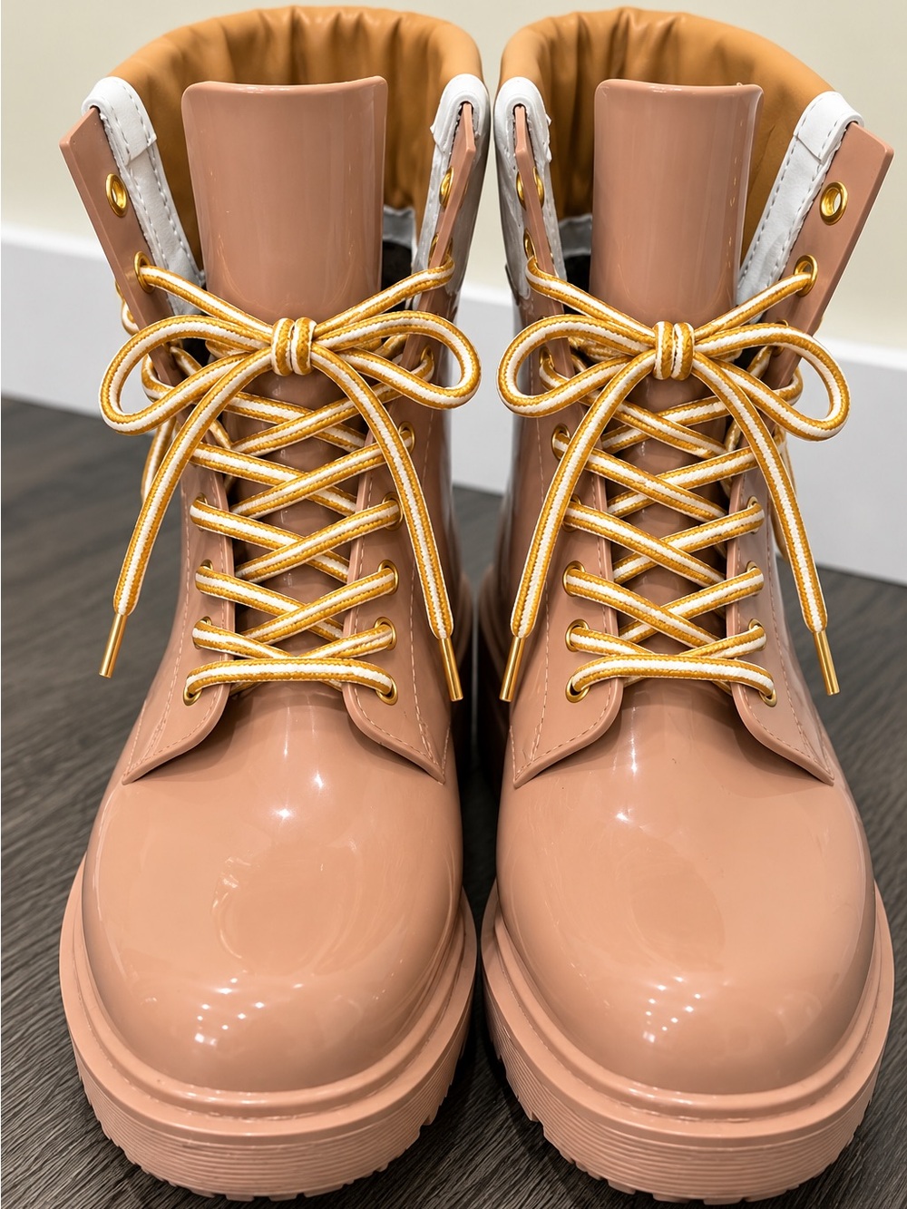 See By Chloe Nude Patent Lace-Up Combat Boots with Gold Laces